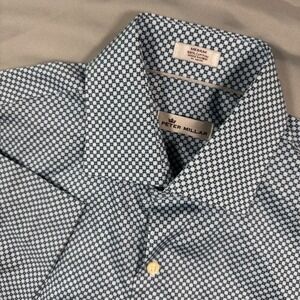 Peter Millar Mens Blue White Geometric AOP Short Sleeve Shirt Sz M Performance